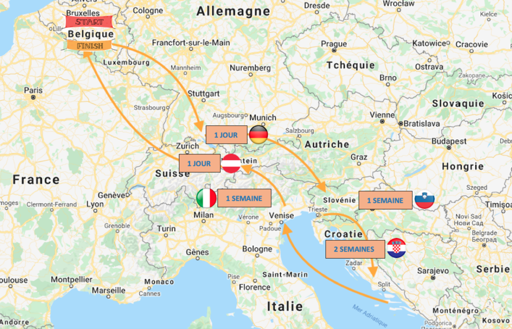 carte simplifiée de notre road trip en Europe